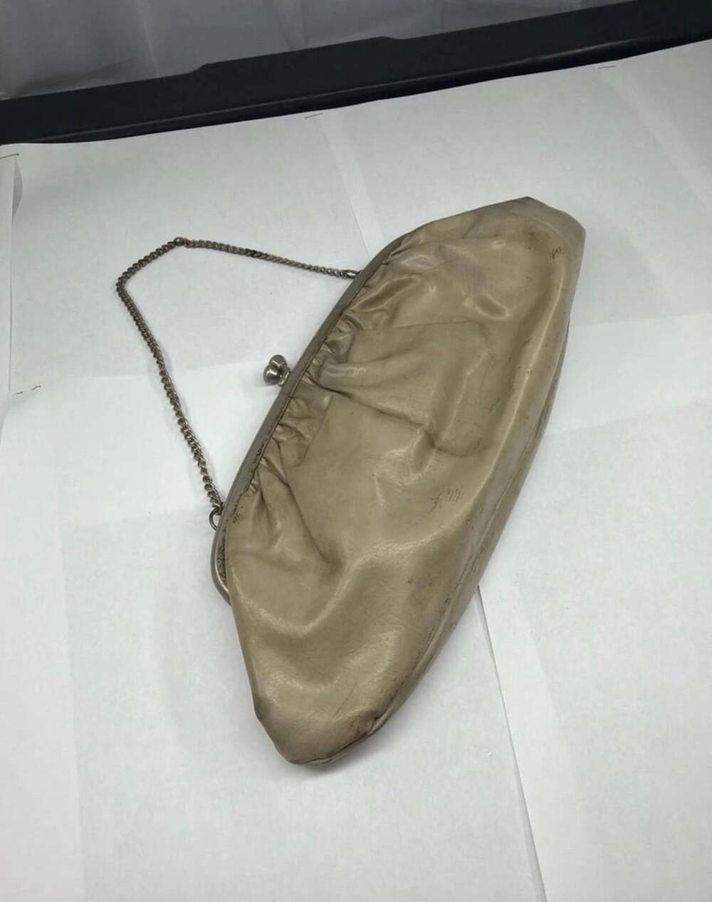 Vintage Beige Leather Clutch Purse with Chain Strap